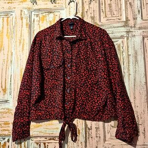 Red Leopard-Print Tie-Front Button Blouse - Women